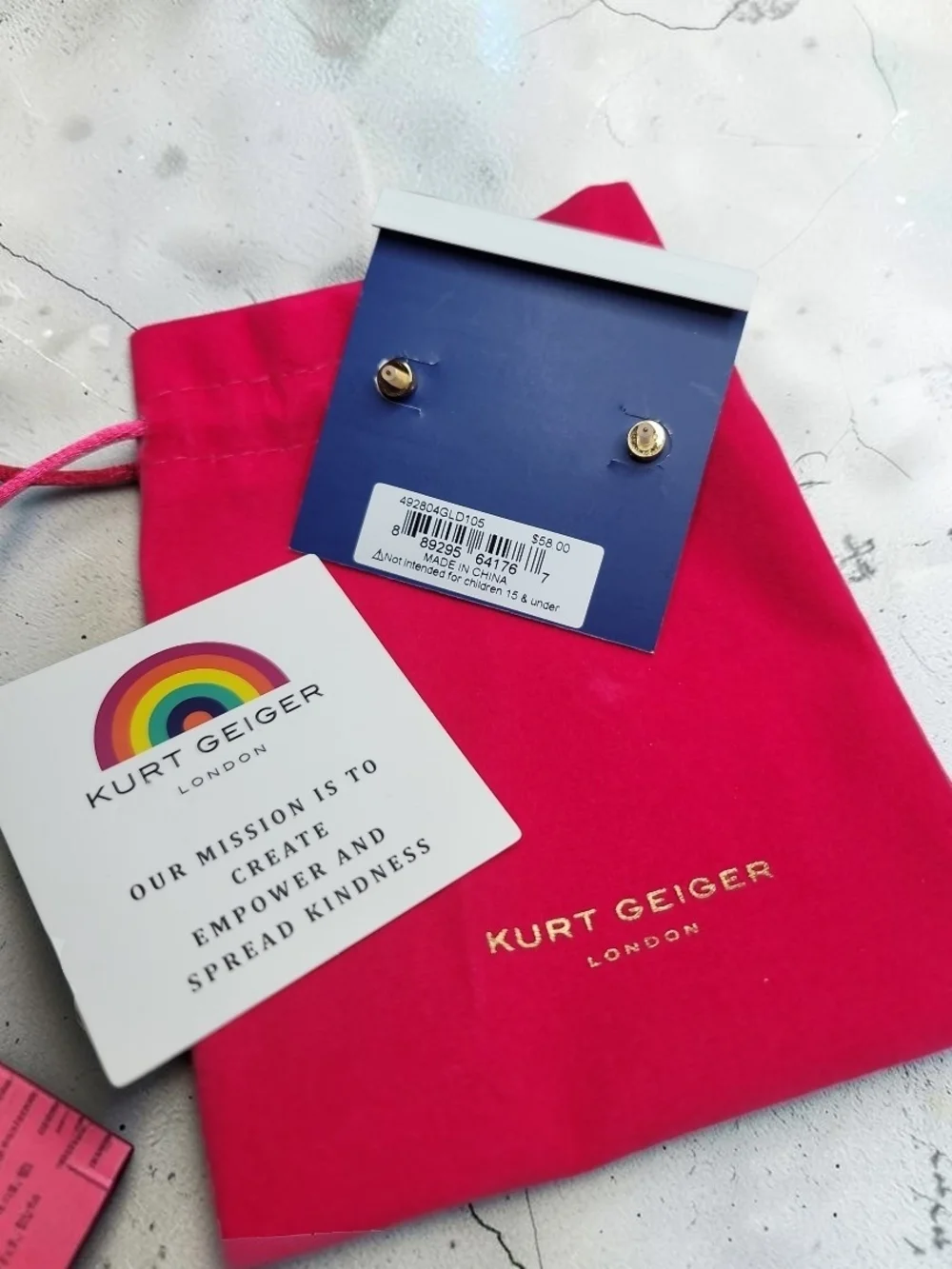 Kurt Geiger London Heart Stud Earrings Pink Opal Gold Rainbow NWT